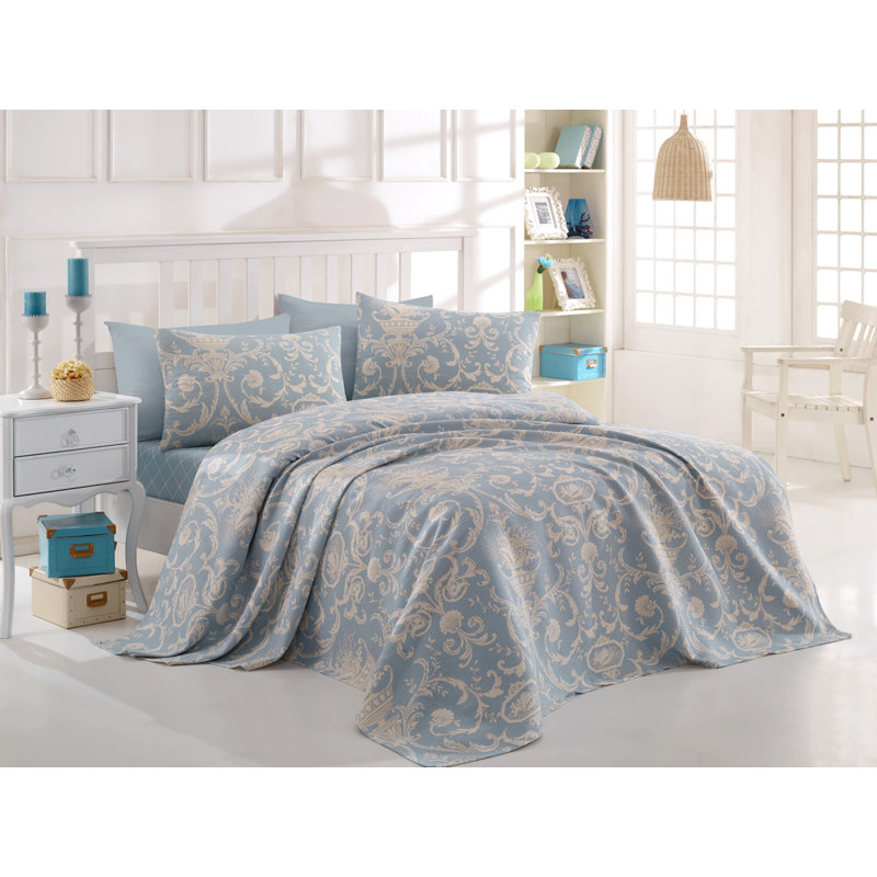 Cotton Damask Coverlet, 79" x 93" Bedspread + 3 Additional Pieces