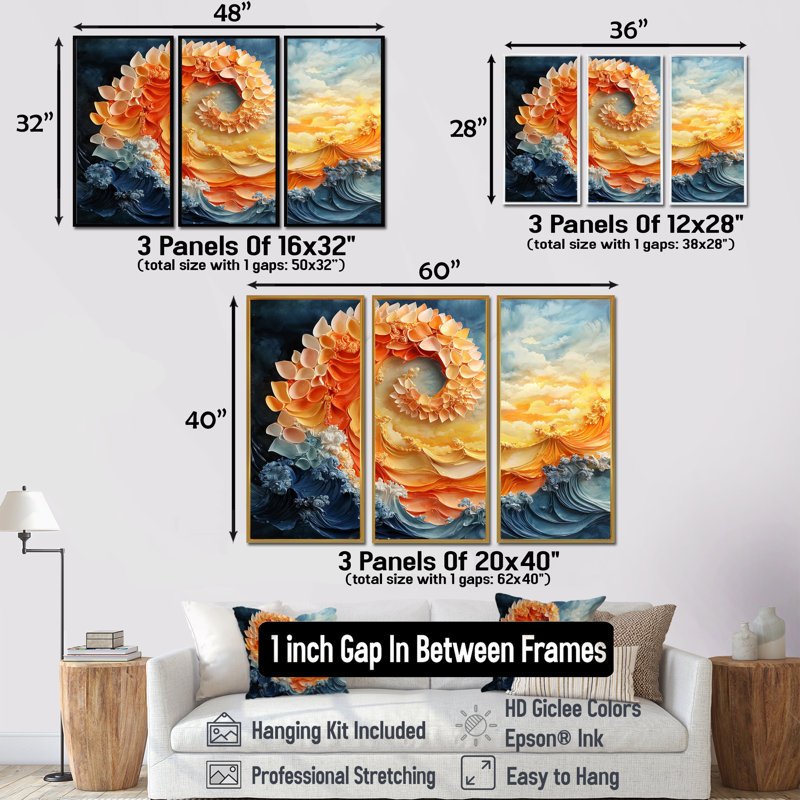 Jaune et orange lever de soleil abstrait vagues II - ensemble de décorations murales spirales abstraites