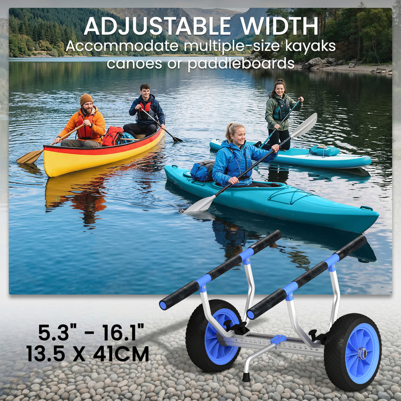 Chariot de kayak avec largeur réglable et grandes roues, Bleu et noir