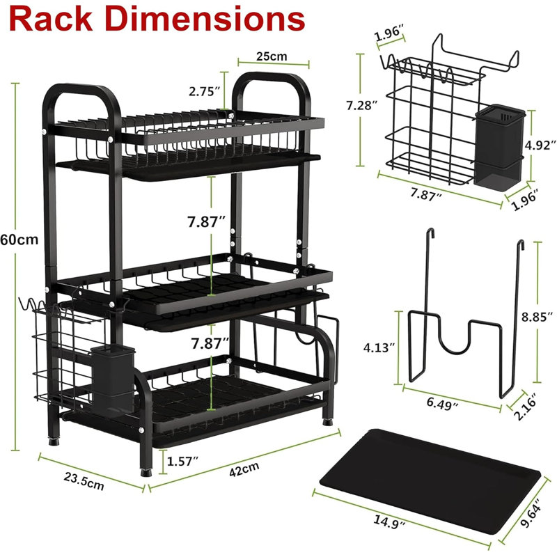 3-Tier Dish Drainer Rack with Drip Trays