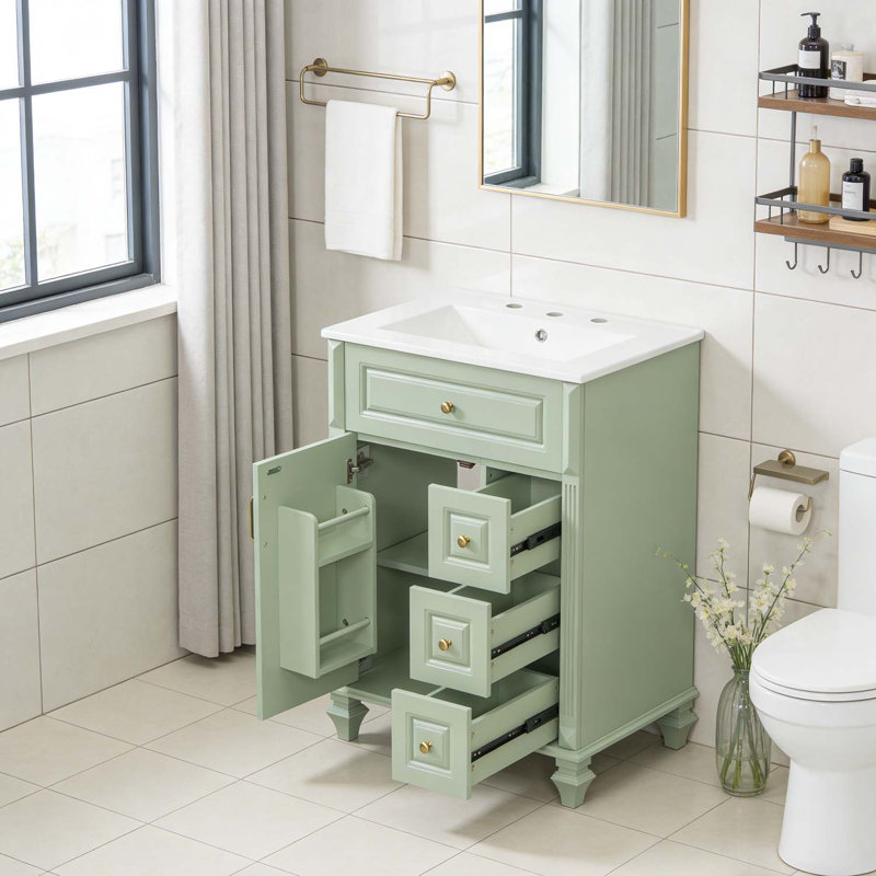 Meuble-lavabo autoportant avec lavabo en céramique, Vert
