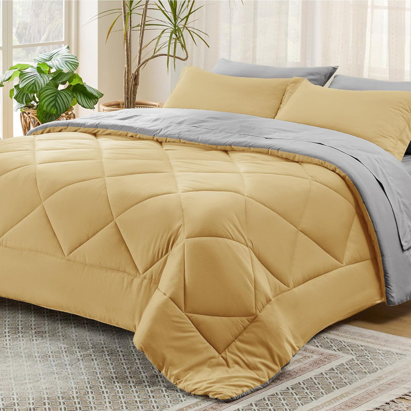 Best Seller Bedsure Comforter Set Reversible Bedding for All Seasons-89GSM, Yellow, Queen Comforter + 4 Additional Pieces