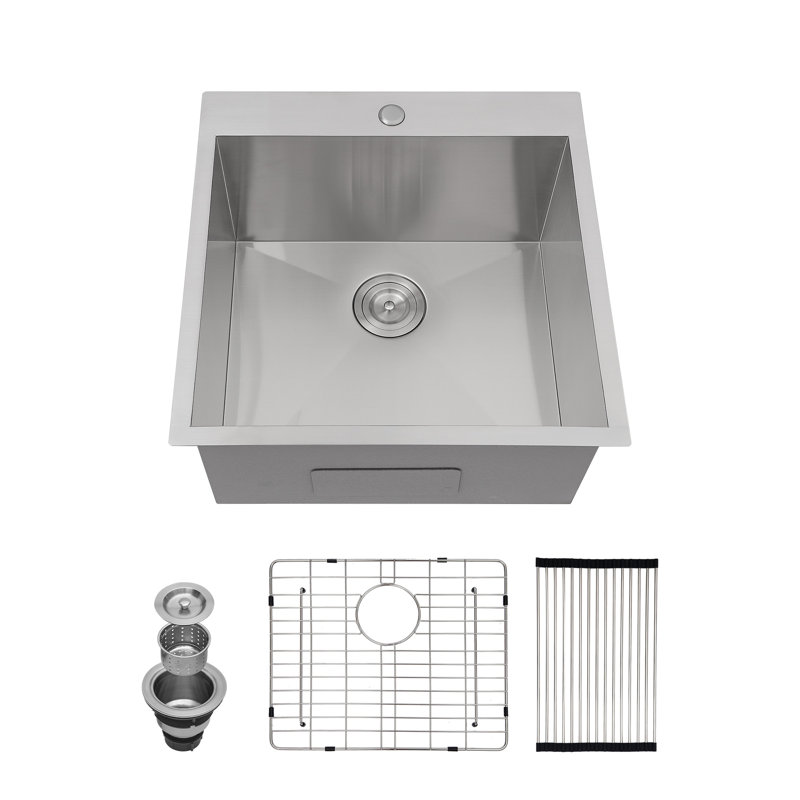 22" L x 22" W Drop-In Stainless Steel Kitchen Sink, Utility Sink with Sink Grid, Strainer and Roll-Up Rack