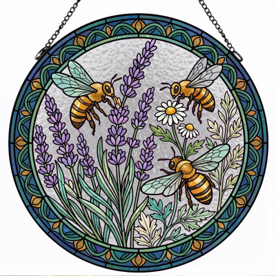 Bee Lavender Stained Glass Window Panel，12"H