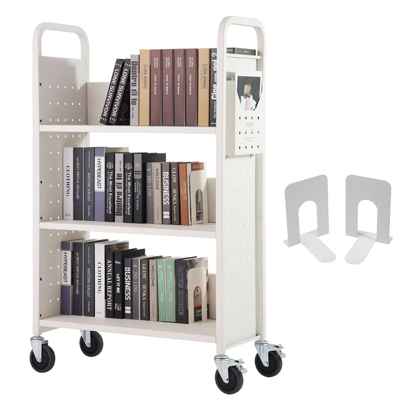 White Carbon Steel Rolling Library Book Cart with Lockable Wheels