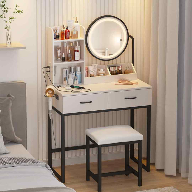 Makeup Vanity Desk With Round Mirror And Lights, Black/White