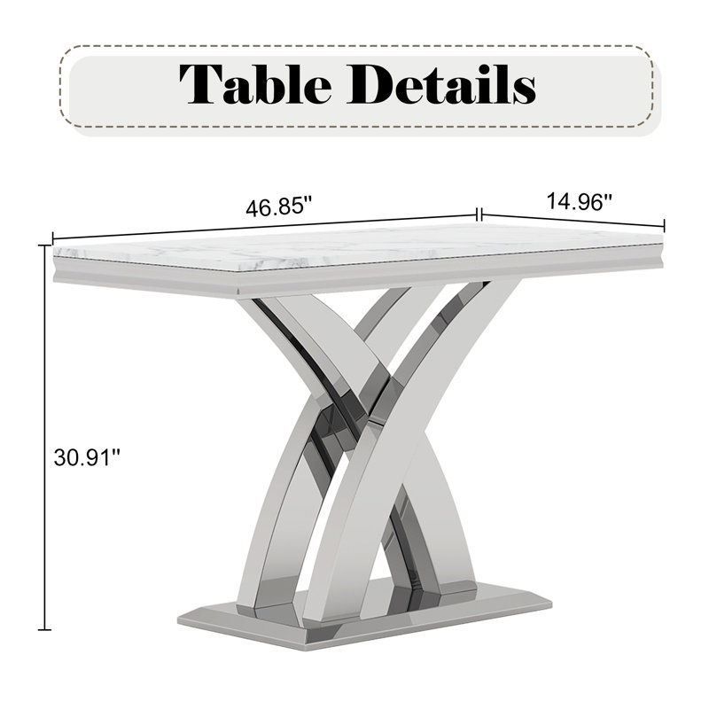 Console 46,85 "pour vestibule avec base double en miroir de luxe, Blanc mat, Argent argent