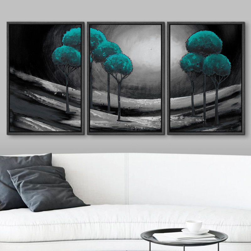 Abstraits arbres verts, décorations murales pour le salon de la chambre à coucher, H 24 po x l 48 po, Cadre flottant noir