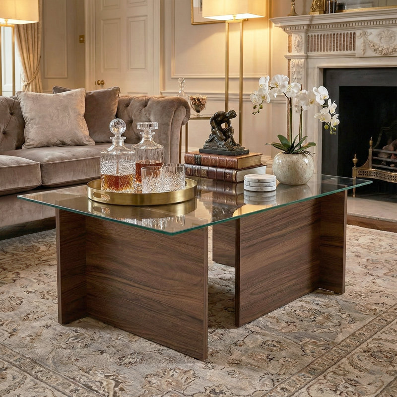 Table basse rectangulaire en verre trempé, Noyer, H 15,7 po x l 41,3 po x P 25,6 po
