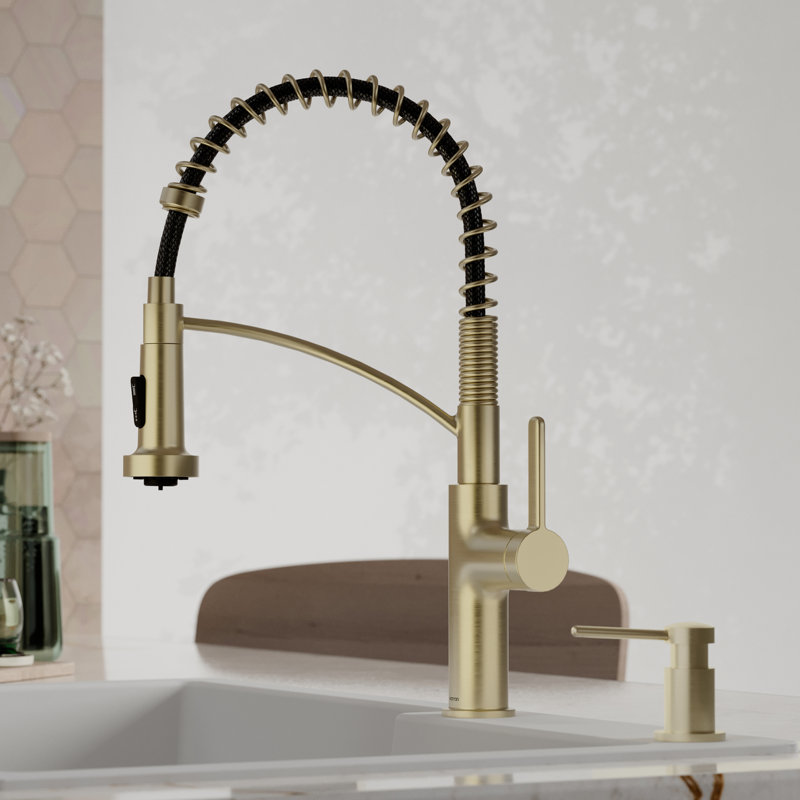Karran Commercial Style Pull-Down Kitchen Faucet with Coil Spring, High-Arc, Multi-Function Spray in Spot-Free Champagne Bronze