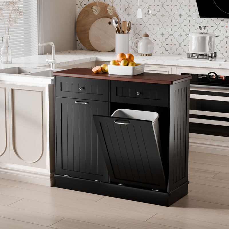 Black Double Tilt Out Trash Cabinet with Countertop and Drawer