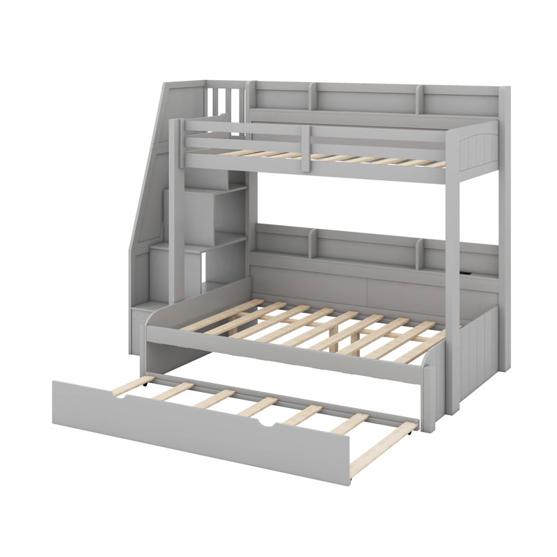 Lit simple superposé au dessus d'un lit double avec escalier de rangement, lit gigogne, tablettes de rangement et port USB