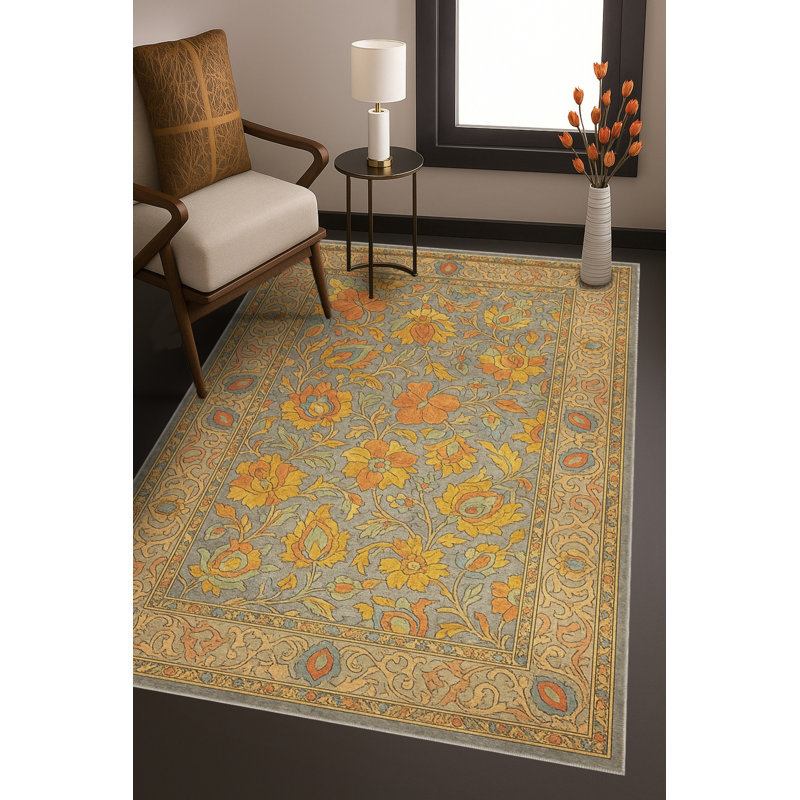 Tapis gris tissé à motif floral lavable Mosso, 3'3" x 4'11"