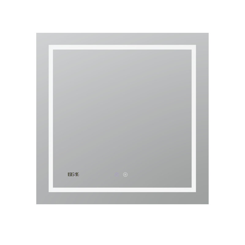Silver Rectangular LED Lighted Bathroom Mirror with Digital Clock