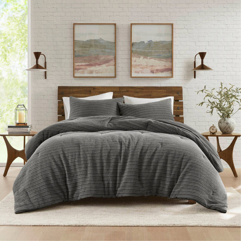 Ensemble d'édredon 3 pièces gaufré, Gris anthracite, Édredon double et 2 taies décoratives