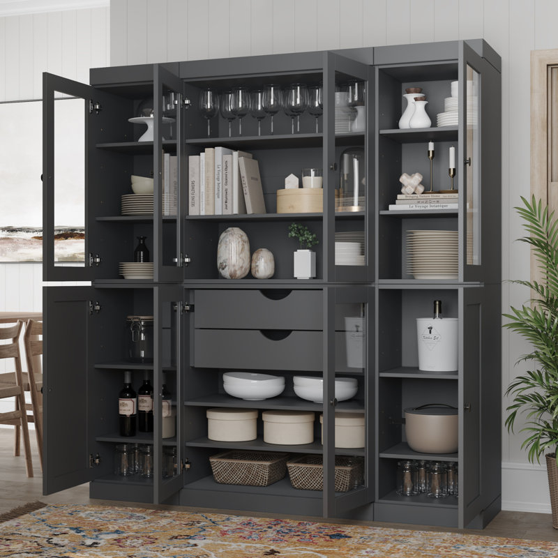 Vaisselier 100% bois massif 65 po avec verre transparent, portes Shaker, 2 tiroirs et tablettes réglables, Gris