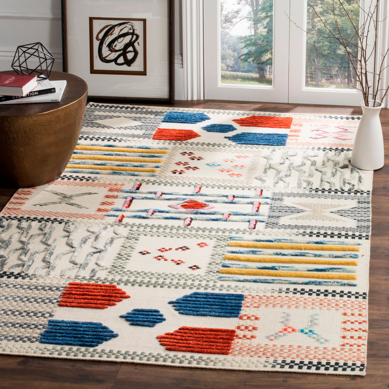 Alimatou Hand Woven Wool/Cotton Abstract Rug in Ivory/Blue/Red, Rectangle 5' x 8'