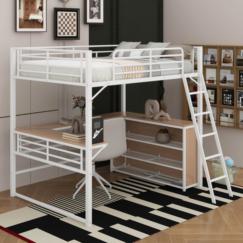 Full Size Metal Loft Bed With 3 Layers Of Shelves And L-Shaped Desk, White