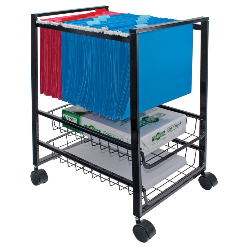 Compact Black Steel Mobile File Cart with Dual-Wheel Casters