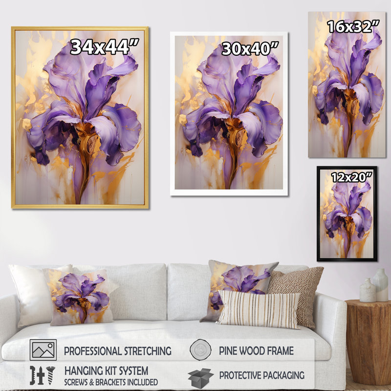 Iris doré - Rêve mauve - iris, art mural grand format, H 40 po x l 30 po x P 1,5 po, Cadre flottant doré