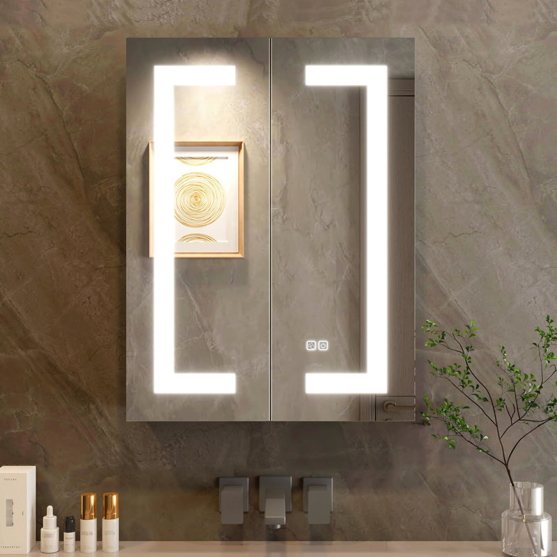 Armoire à pharmacie 32 "à miroir 24" pour salle de bain - à intensité variable, brouillard, tablette réglable, 2 portes, douilles, design argenté à intensité variable 3 couleurs, brillant