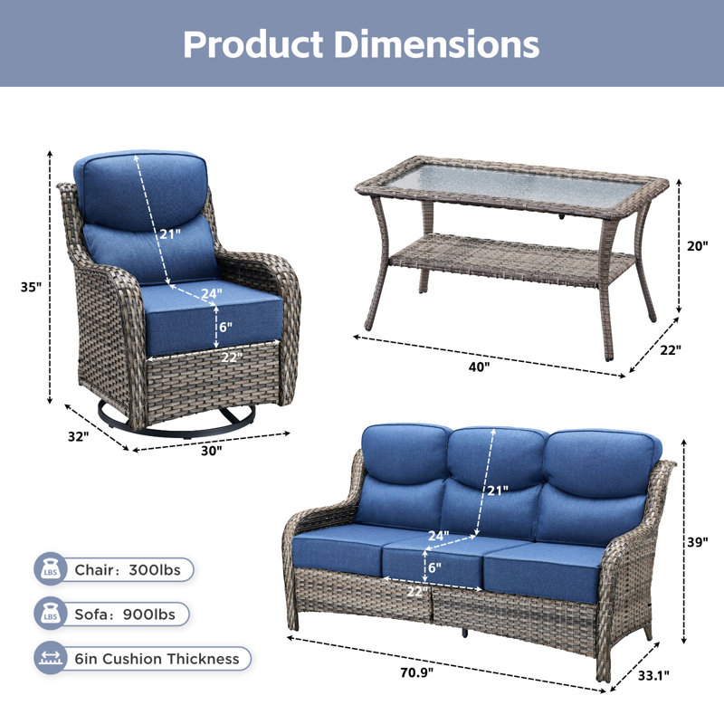 Ensemble de conversation en osier pour patio extérieur avec fauteuils pivotants et table basse extérieure, Gris, Bleu