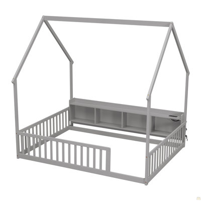 Full House Floor Bed with Storage Shelves,Built-in LED Lights & Charging Station,Pine Wood Floor Bed with Safety Guardrails,Grey