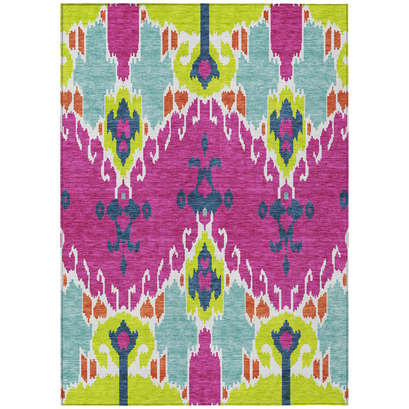 Tapis lavable intérieur ikat rose vert lime et orange 8 pi x 10 pi