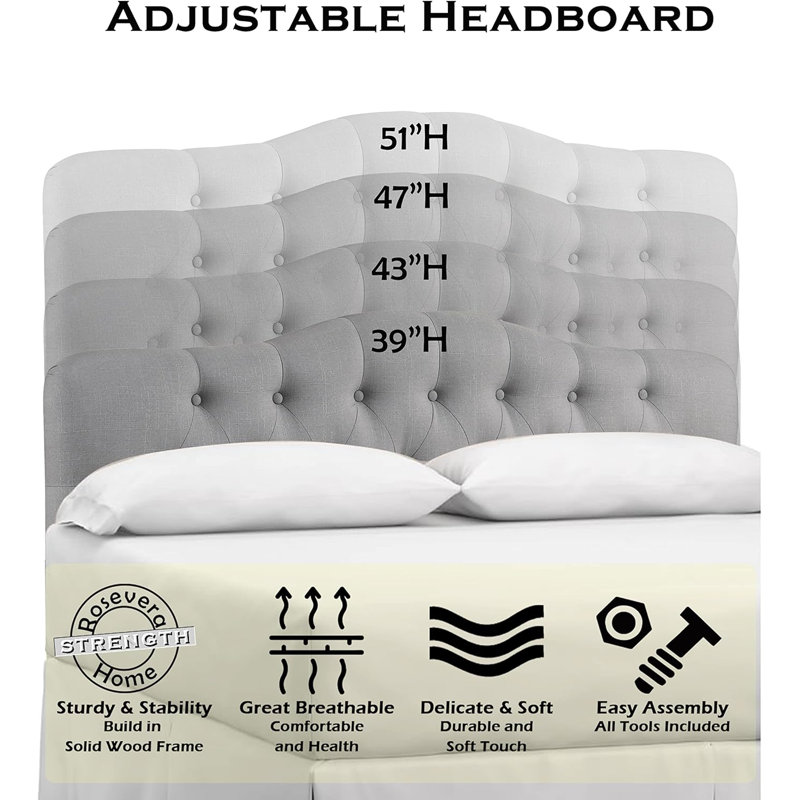 Linen Upholstered Headboard-Modern-Adjustable Height-Button Tufting, Queen, Grey