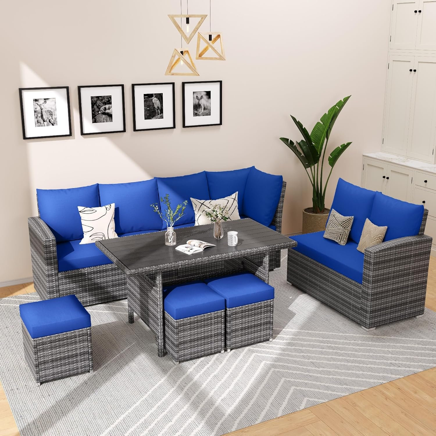 Ebern Designs 7 Piece Outdoor Sectional Sofa with Dining Table, All ...