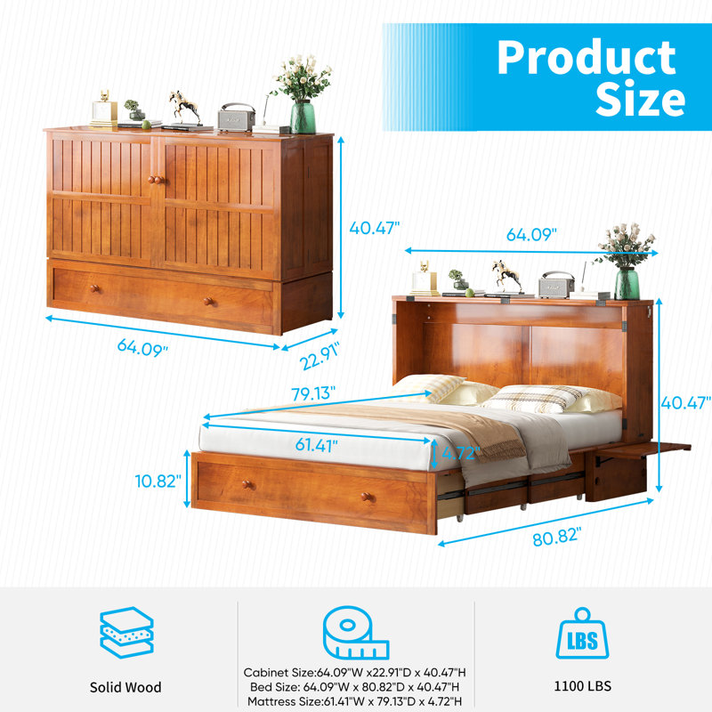 Queen Solid Wood Murphy Bed Chest With Large Storage Drawer & Charging Station, Cherry, Cherry