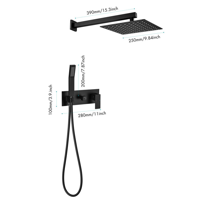 Robinet de douche noir mat - Tête de pluie 10 pouces avec douchette à main, robinet de douche de luxe, valve en laiton