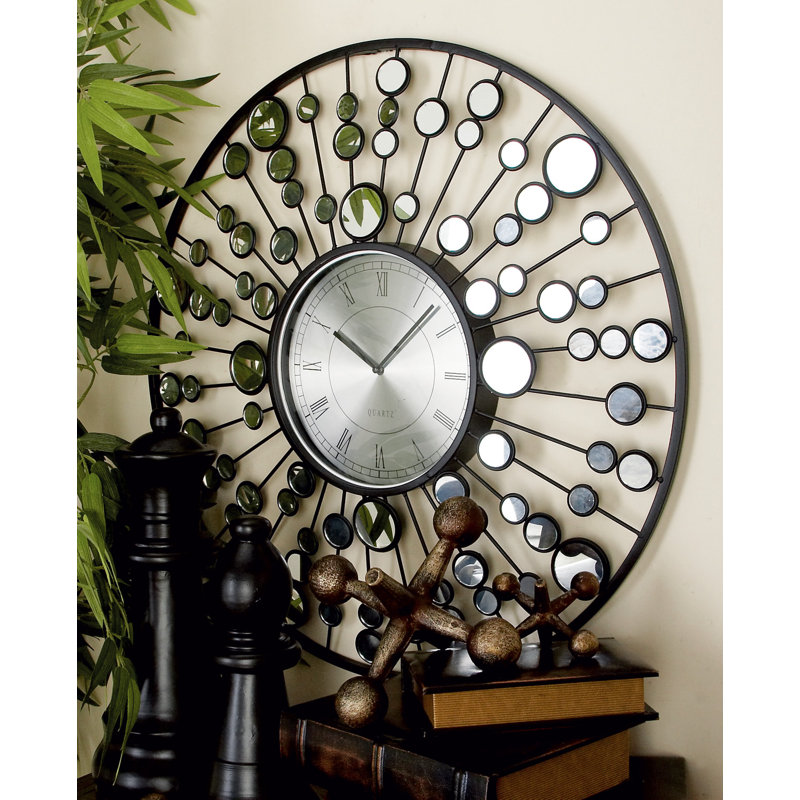 Black Metal Starburst Wall Clock with Mirrored Accents, 26"