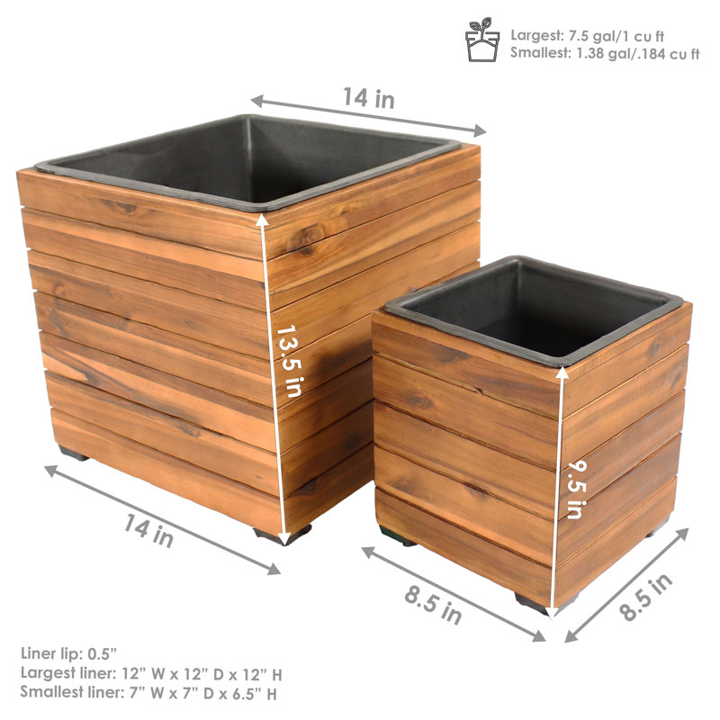 Bozzuto 2pc Assorted Square Anthracite Acacia Wood Planter Box with Liner - Brown, Brown