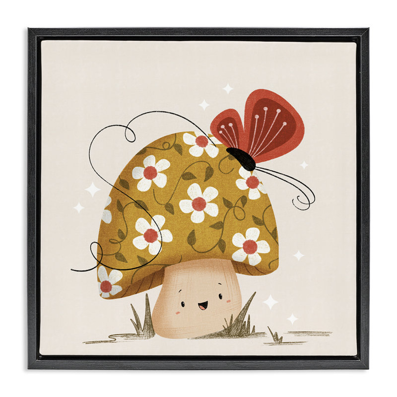 Cadre flottant Happy Mushroom & Butterfly, design par Sarah Hickman, H 18 po x l 18 po, Cadre flottant noir de jais