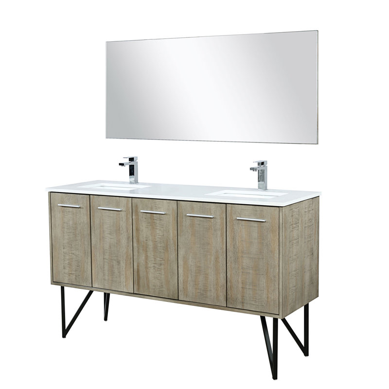 60 po X P 20 po D Ensemble de meuble-lavabo double rustique avec plateau en marbre de culture, robinet chromé et Miroir