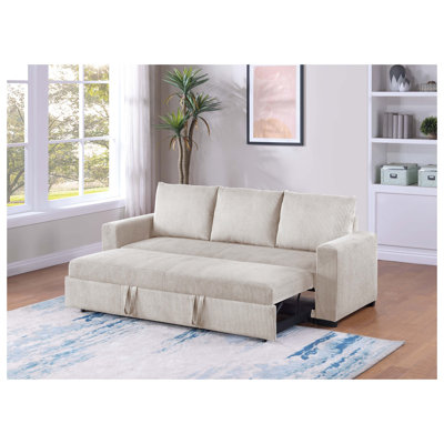 Ivory Corduroy Sleeper Sofa with Pull-Out Bed, Modern 3-Seat Convertible Couch for Living Room