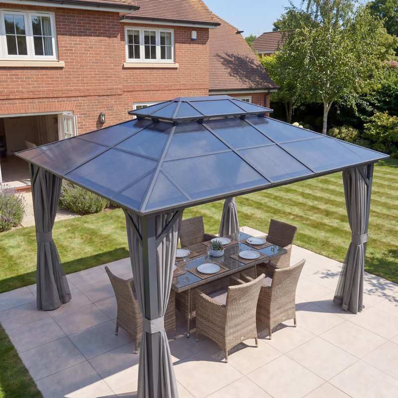 GRDN living Retreat 3.6m x 3m Hardtop Gazebo with Double Polycarbonate Roof in Anthracite Grey with Curtains