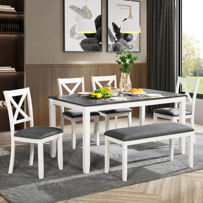 Ensemble de table de salle à manger 6 pièces avec banc, ensemble de table à manger en bois pour 6 personnes, ensemble de table à manger moderne pour 6 personnes pour la salle à manger, cuisine, gris et blanc deux tons