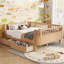 Lit plateforme double en bois pleine grandeur avec tiroirs de rangement, conception moderne de profil bas de sécurité pour chambre d'enfant ou lit de jour, finition naturelle
