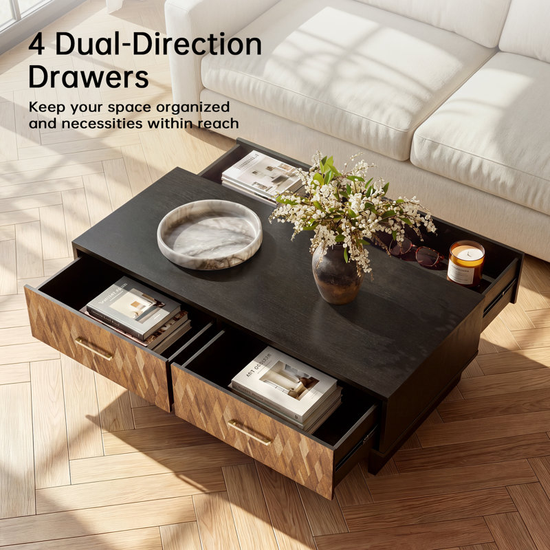 56'' Coffee Table with 4 Storage Drawers, Rectangular Rubberwood Center Table, Geometric Wood Inlay and Brass Handles for Living Room