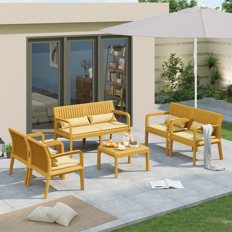 Ensemble de conversation d'extérieur 6 personnes avec coussins et table basse, Jaune