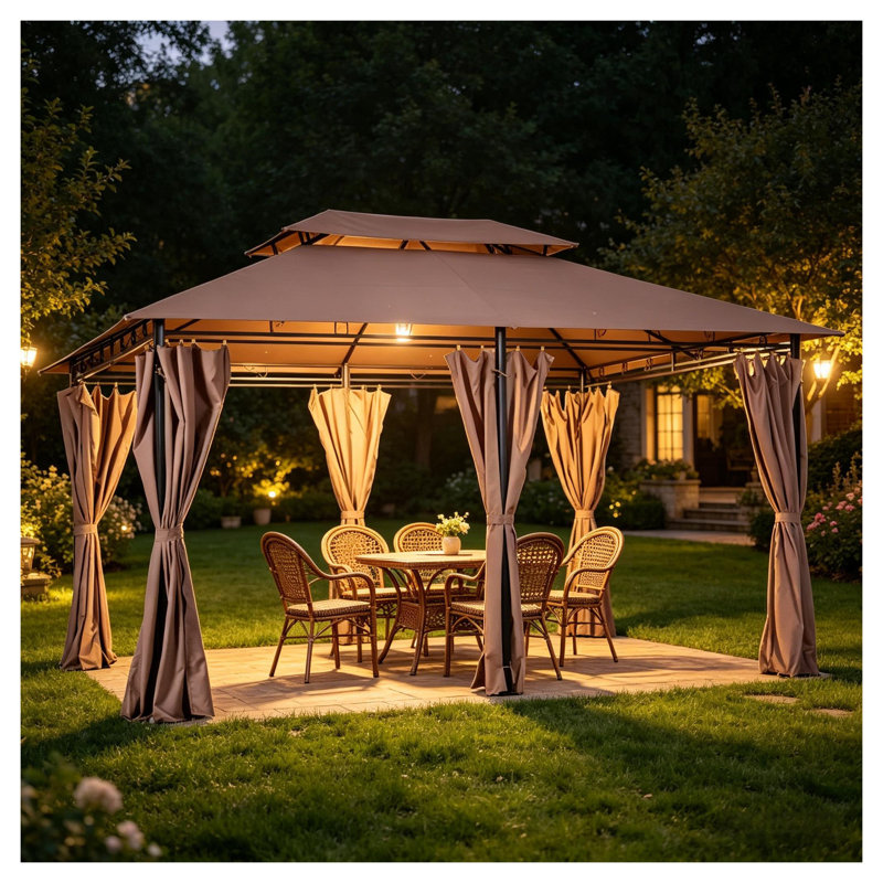 Rectangular Outdoor Gazebo with Canopy, Curtains, and Steel Frame, Khaki