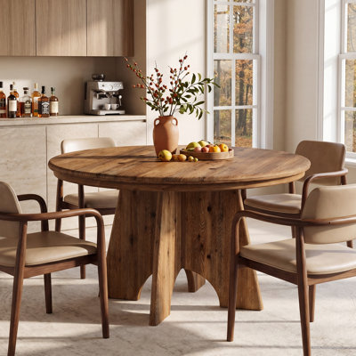 47" Round Solid Wood Dining Table, Rustic Farmhouse Kitchen Table For 4-6, Natural Brown Solid Wood Table With Unique Base