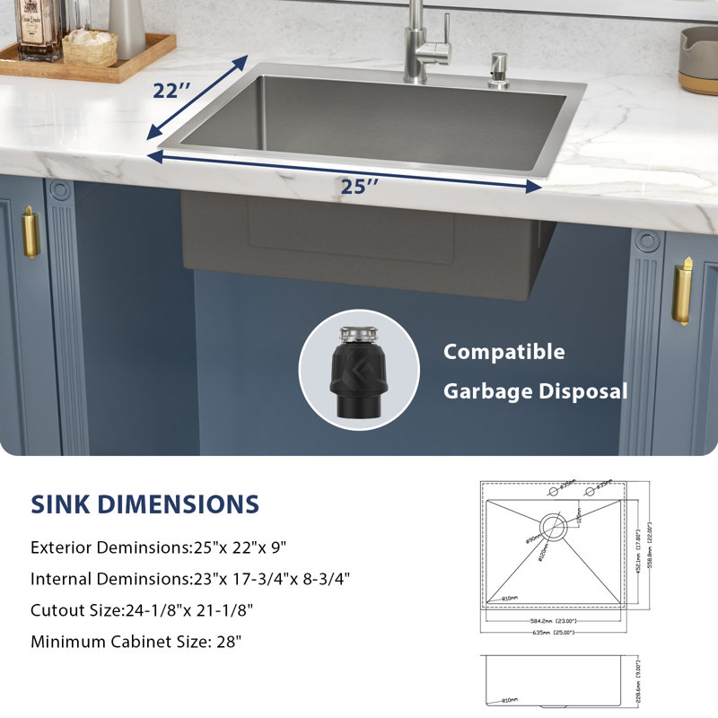 Évier de cuisine encastré à simple cuve en acier inoxydable de calibre 16 avec robinet coulissant de 25 po L x 22 po l 25 po x 22 po