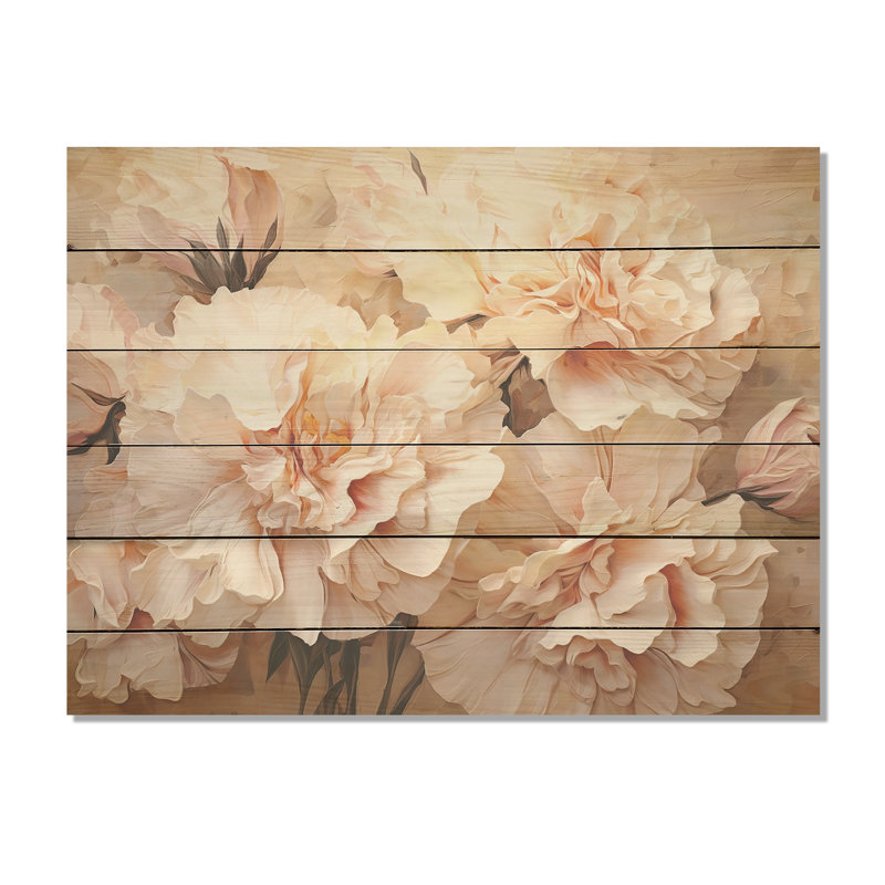 Arrangement d'œillets beige I - œillets, art mural sur bois de pin naturel, H 30 po x l 40 po