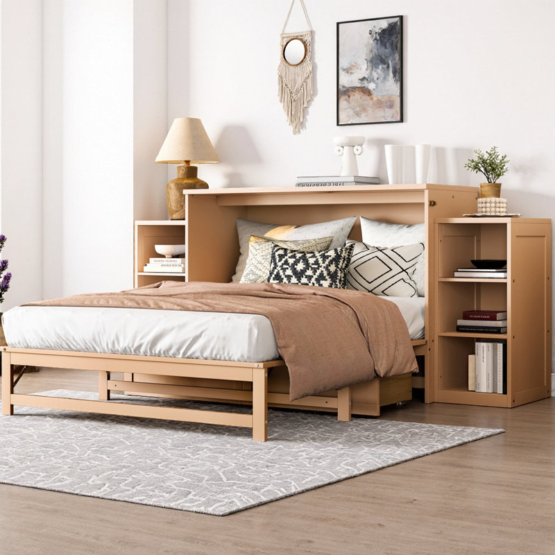 Lit escamotable double avec tiroirs et tablettes de rangement spacieux, idéal pour les chambres d'amis ou les chambres compactes