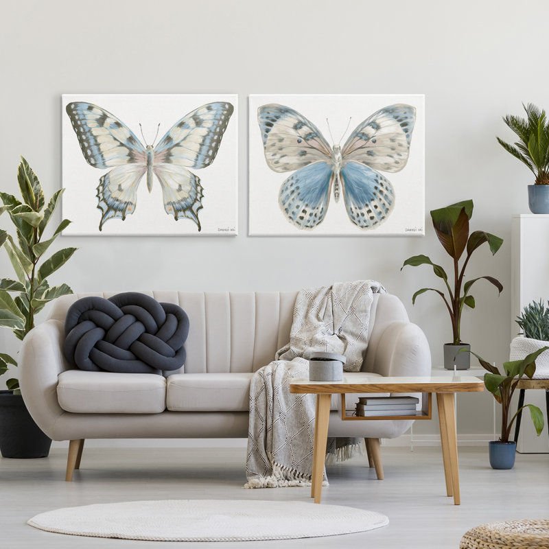 Ensemble de 2 toiles de papillons aux accents bleus, design par Danhui Nai, H 24 po x l 30 po