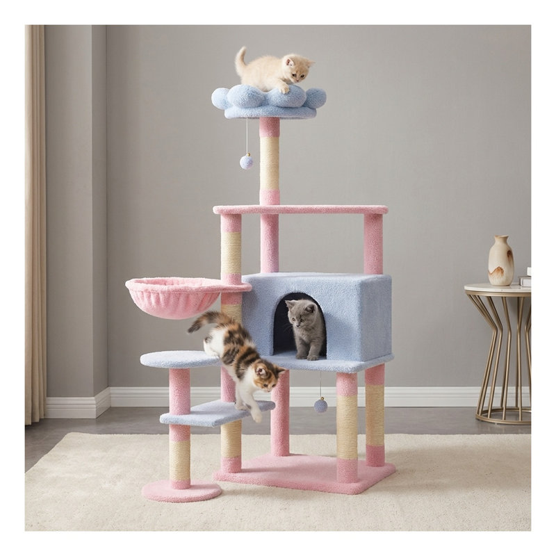 Arbre à chat en forme de fleur de 142 cm avec grande niche, hamac et coussins amovibles, bleu, Bleu