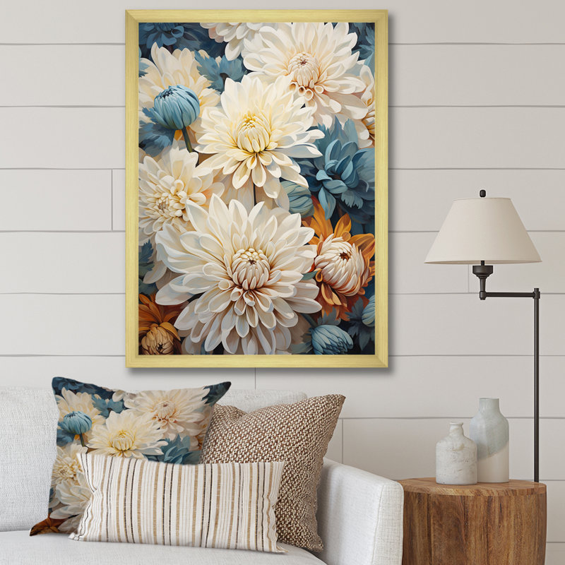 «White Mums In Blue Dream I», reproduction sur toile, Cadre doré simple, H 32 po x l 16 po x P 1 po